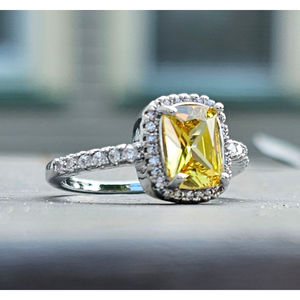 1.25 ct Emerald Cut Citrine Single Halo Zircon 925 Sterling Silver Ring size 7